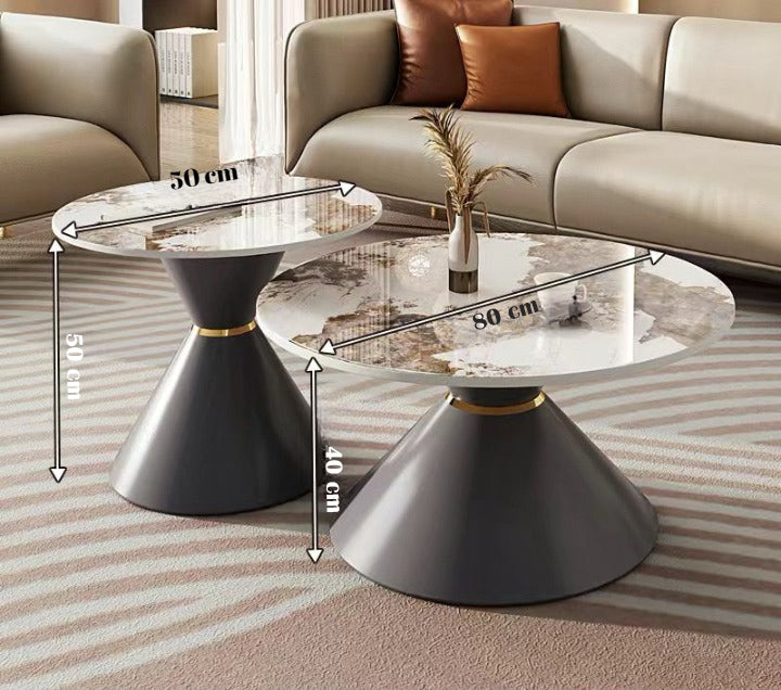 Set of Two Round Coffee Tables Sintered Stone Countertop Metal Base.