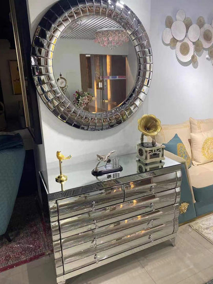 Antique Chest of Drawers Mirrored Glass with Round Matching Mirror.