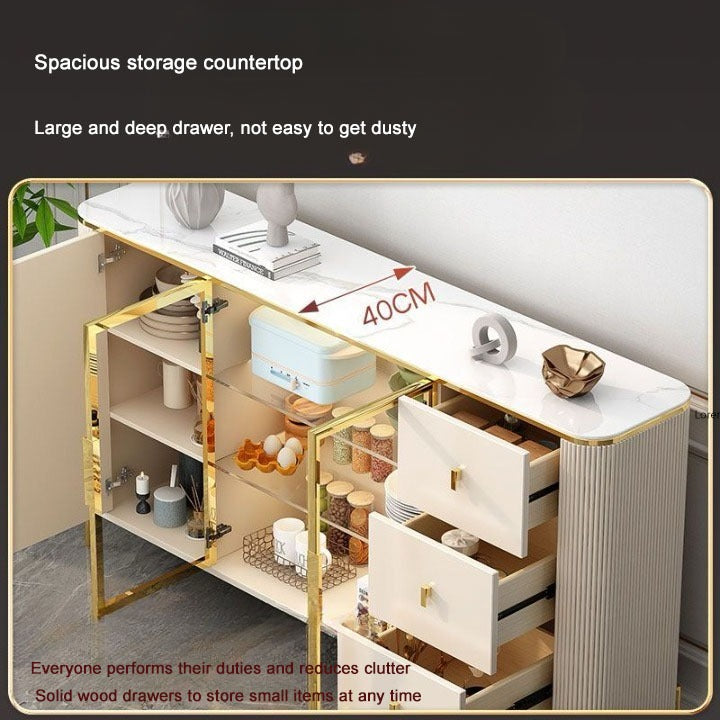 Buffet Sideboard Storage Cabinet Coffee Bar Stone Countertop, 2 Tempered Glass Doors and 3 Drawers.