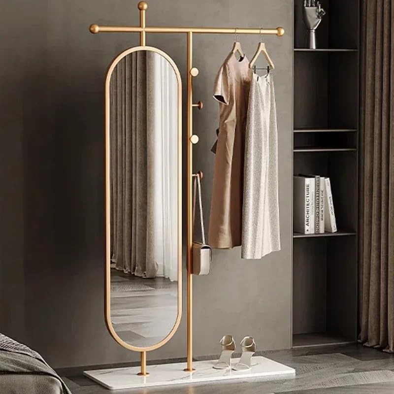 Multifunctional Gold Freestanding Hanger with Full-Length Mirror.