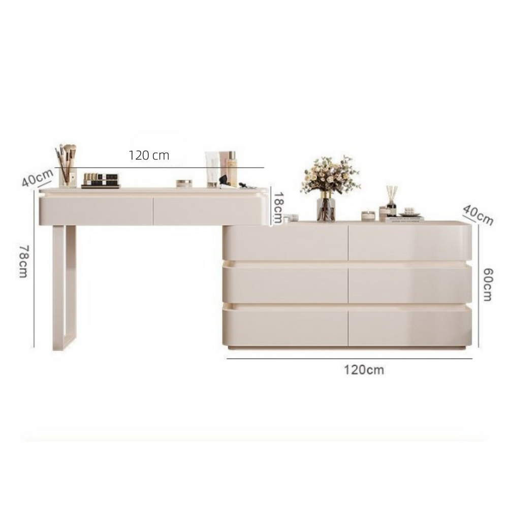 Modern Dressing Table with Round LED Mirror, Drawers & Stool.