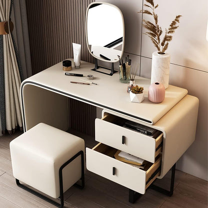 White Vanity Table Twined from Left Side with Two Storage Drawers, Mirror and Stool.