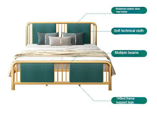 Light Luxury Wrought Iron Bed, Rough Carbon Steel Bed Frame, with Technical Cloth Fabric.