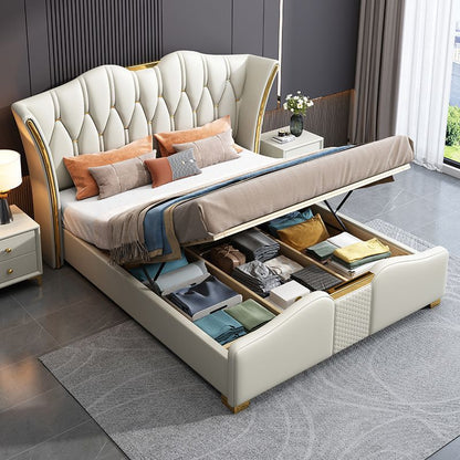 Modern Elegant Bed, Upholstered Leather Bed with Storage.