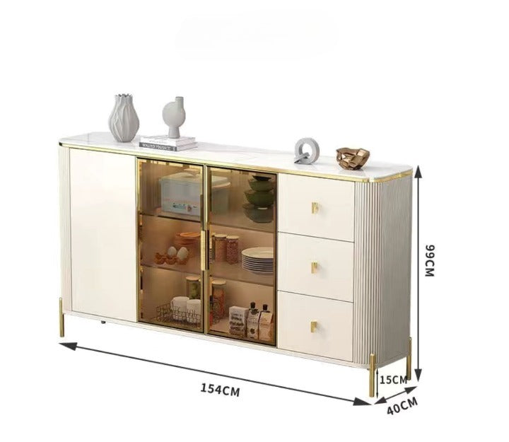 Buffet Sideboard Storage Cabinet Coffee Bar Stone Countertop, 2 Tempered Glass Doors and 3 Drawers.