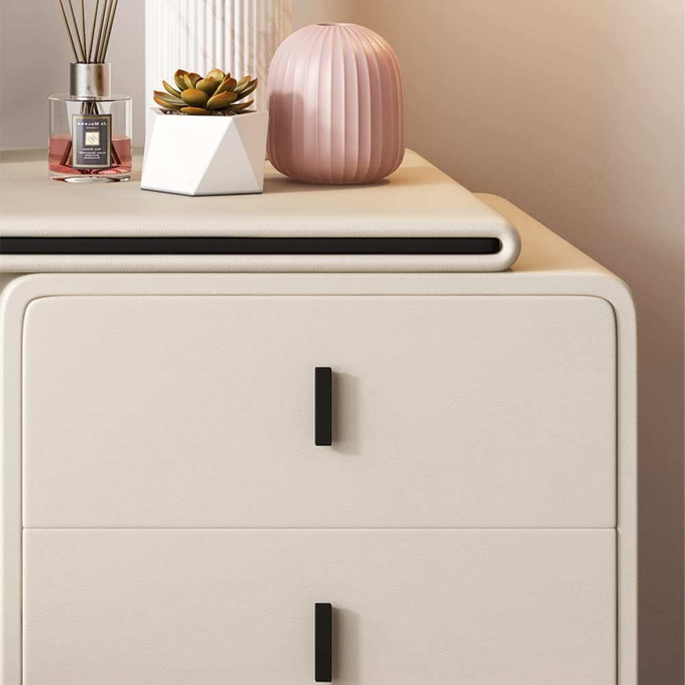 White Vanity Table Twined from Left Side with Two Storage Drawers, Mirror and Stool.