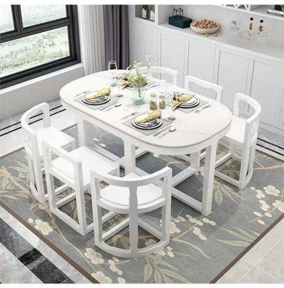 Small Six Seater Dining Table. Compact Table with Arch-Shaped Edges. Slate Marble Top Table.