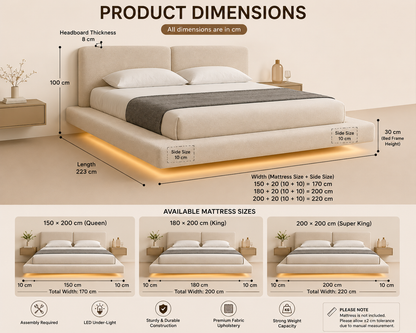Modern Floating Upholstered Platform Bed with LED Lighting.