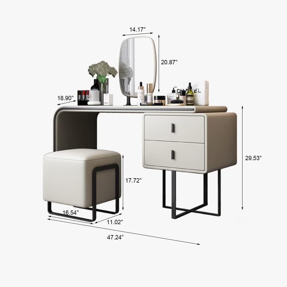 White Vanity Table Twined from Left Side with Two Storage Drawers, Mirror and Stool.