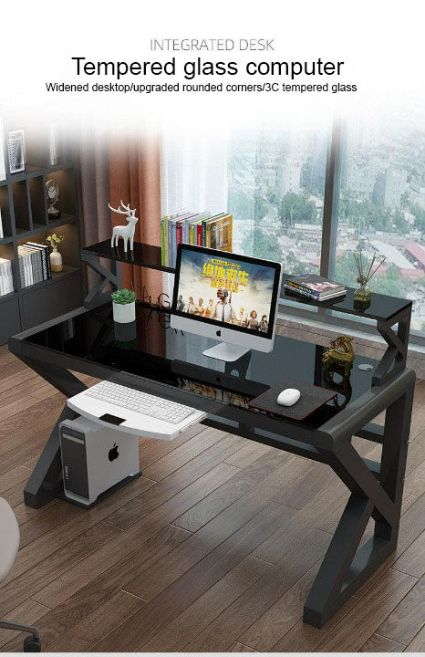 Computer Desk, Tempered Glass Tabletop, Gaming Desk with Shelf, for Home or Office.