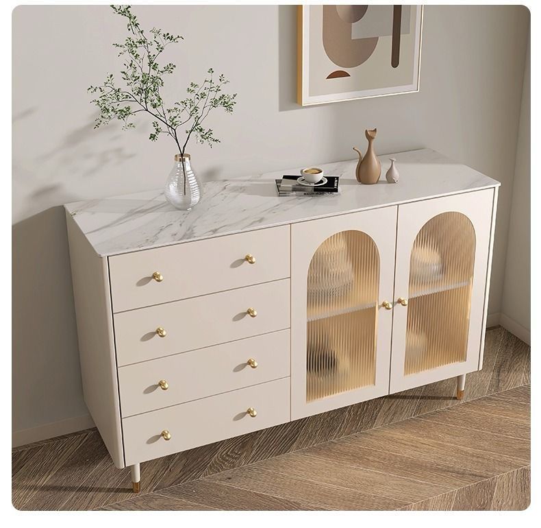 White Wood Buffet Sideboard with Glass Doors and Adjustable Shelves 140cm