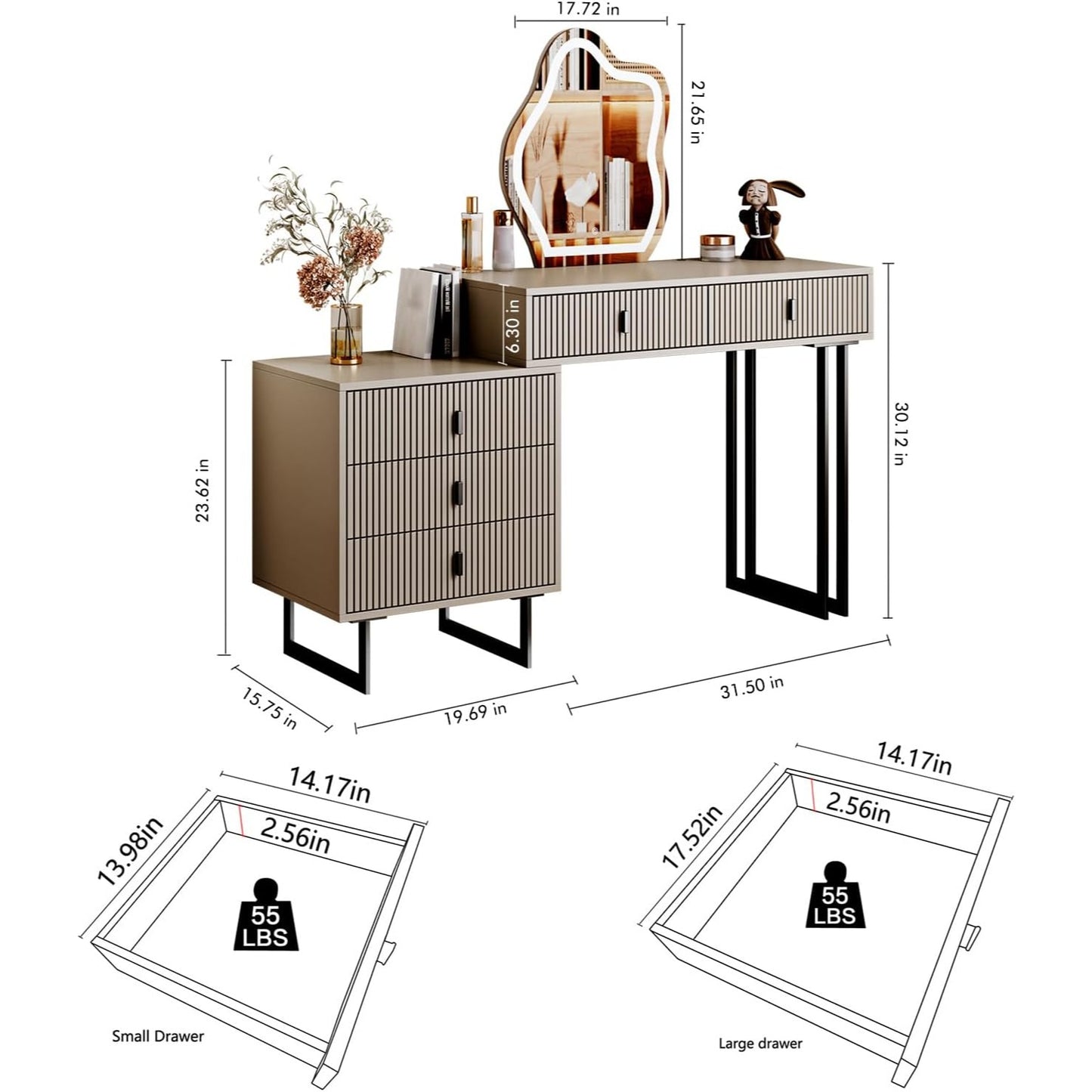 Modern Dressing Table Contemporary Beige Vanity Desk Makeup Table with Drawers and Storage