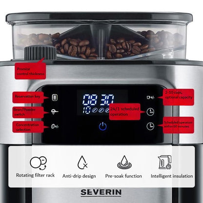 SEVERIN Coffee Maker Machine, Stainless steel Coffee Grinder for 10 Cups.