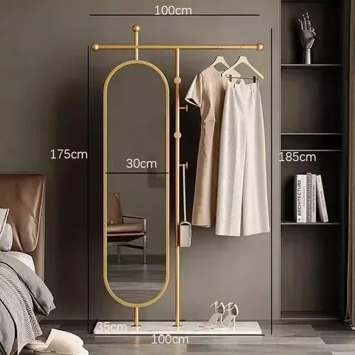 Multifunctional Gold Freestanding Hanger with Full-Length Mirror.