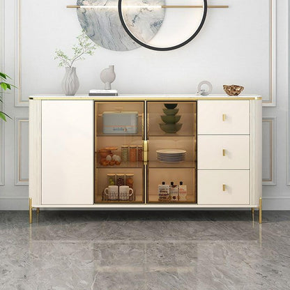 Buffet Sideboard Storage Cabinet Coffee Bar Stone Countertop, 2 Tempered Glass Doors and 3 Drawers.