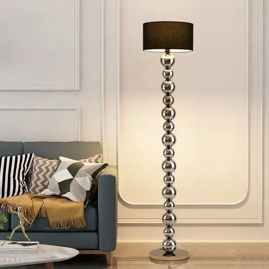 Chrome Ball Floor Lamp with Black Fabric Lampshade, Decorative Tall Standing Light.