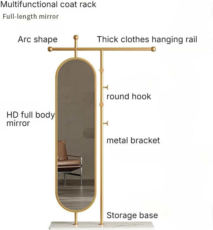 Multifunctional Gold Freestanding Hanger with Full-Length Mirror.