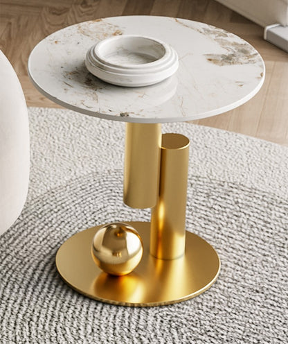 Living room Coffee Table Round Oval Slate Marble-Patterned Center Tables, Stainless Steel Gold Bases.