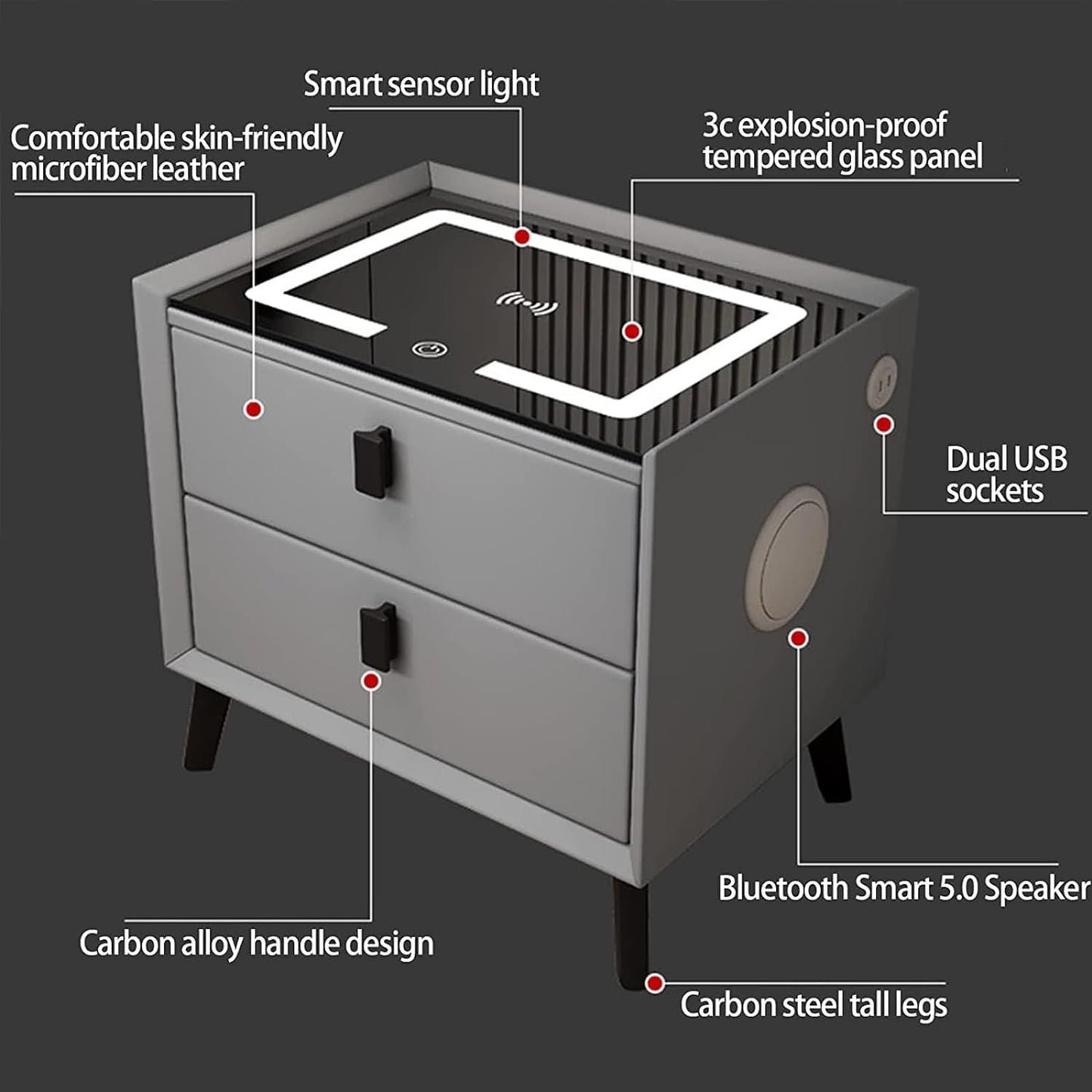 Smart Bedside Table with Three Drawers, Secure Fingerprint Lock Wireless Charging Speaker LED Light