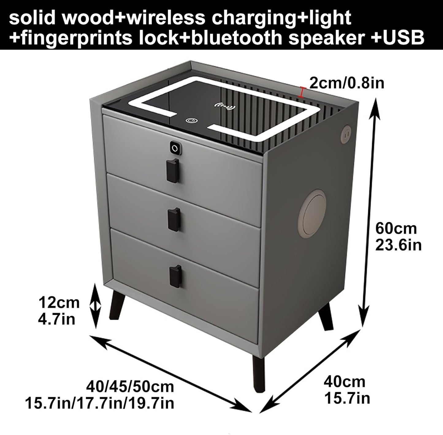 Smart Bedside Table with Three Drawers, Secure Fingerprint Lock Wireless Charging Speaker LED Light