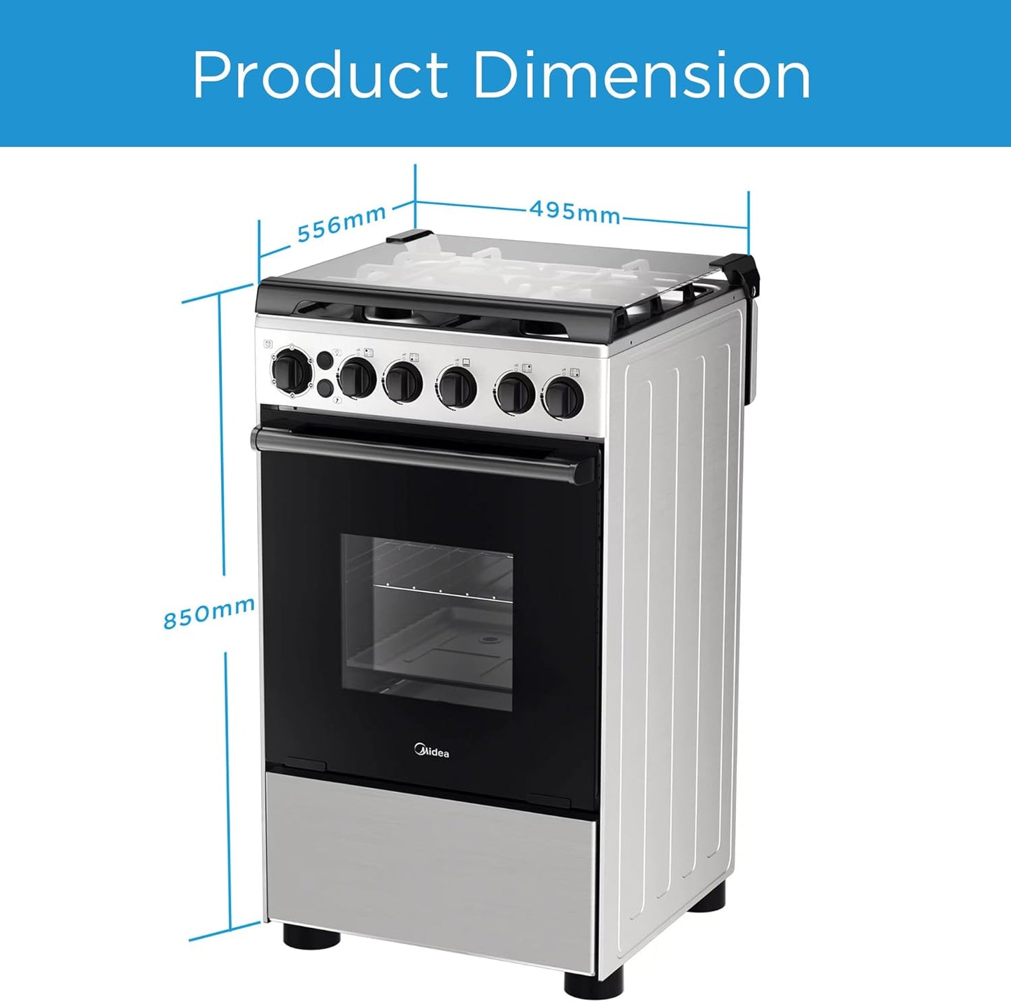 Midea 50x55Cm Freestanding Cooker, Full Gas Cooking Range With 4 Burners, Stainless Steel, Automatic Ignition & Full Safety, Cast Iron Pan Support, Mechanical Timer, Heat Resistant Knobs