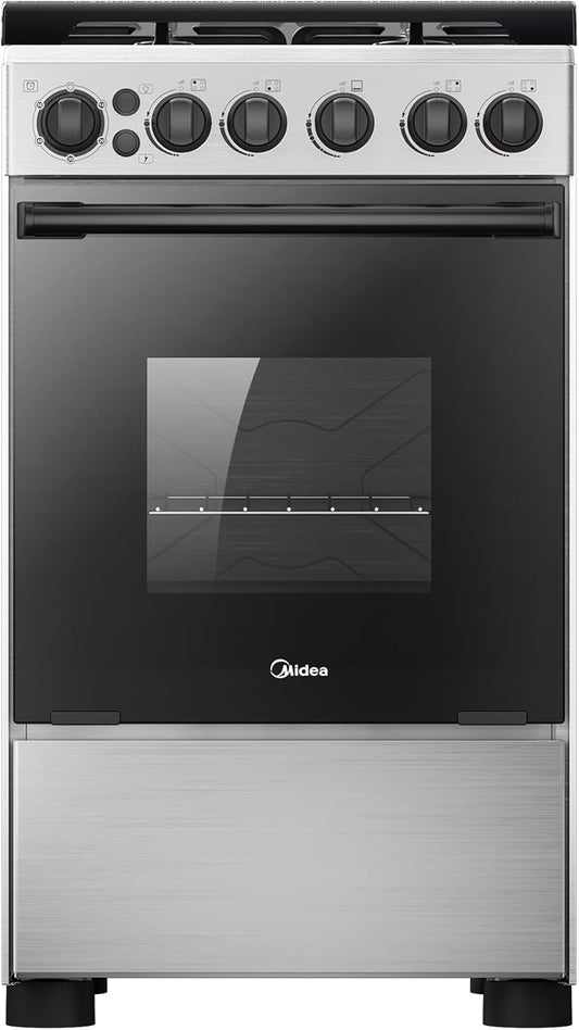 Midea 50x55Cm Freestanding Cooker, Full Gas Cooking Range With 4 Burners, Stainless Steel, Automatic Ignition & Full Safety, Cast Iron Pan Support, Mechanical Timer, Heat Resistant Knobs