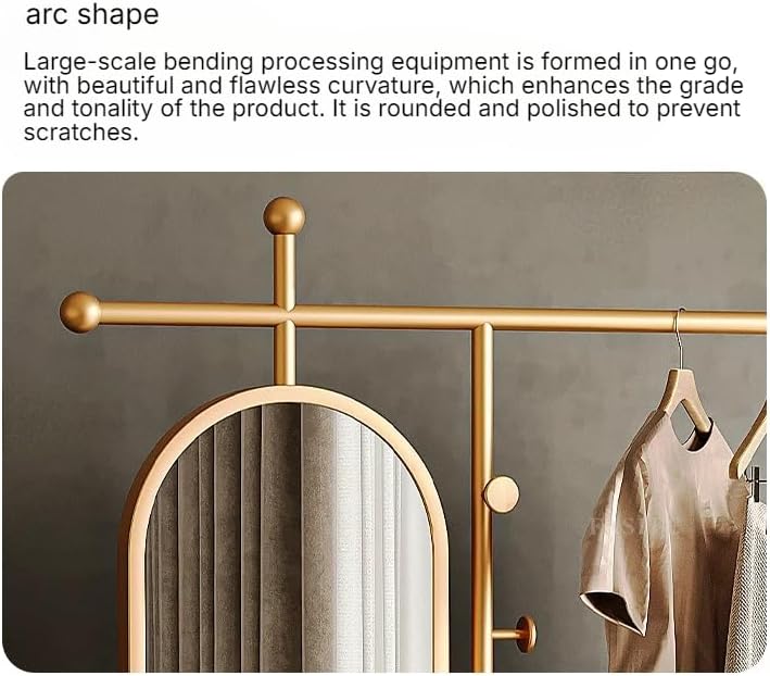 Multifunctional Gold Freestanding Hanger with Full-Length Mirror.