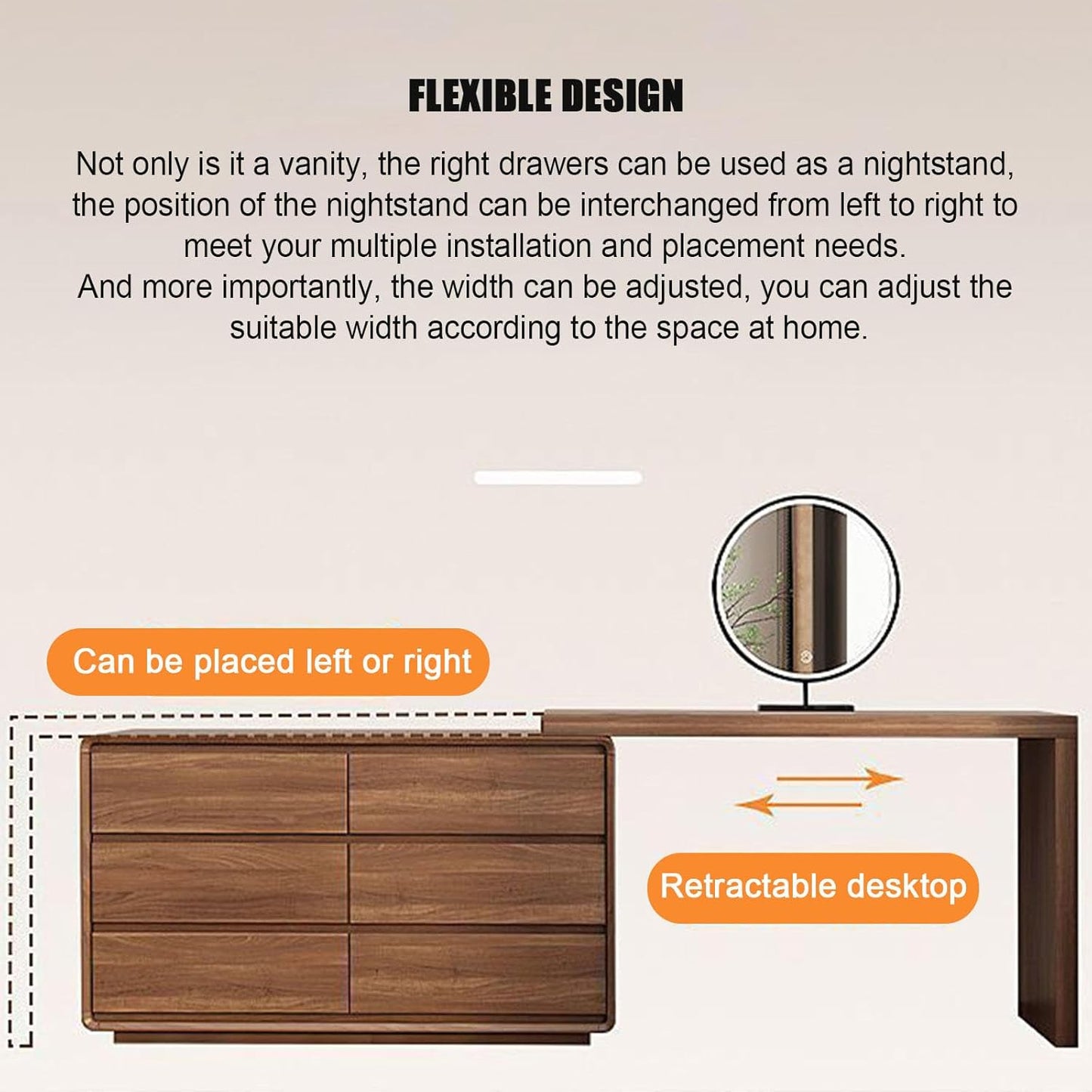 Contemporary Brown Wooden Dressing Table with Lighted Mirror and Stool.