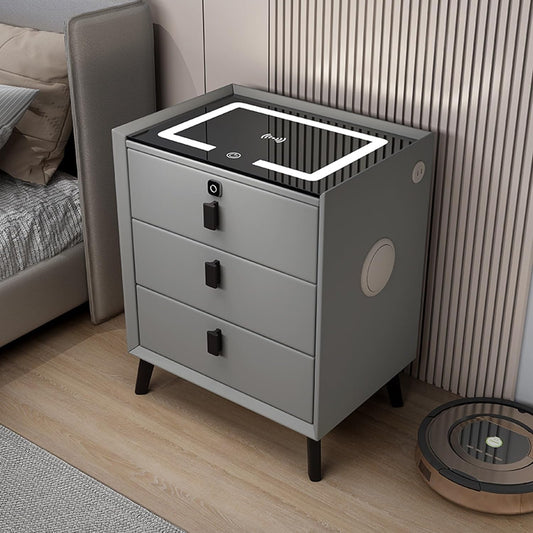 Smart Bedside Table with Three Drawers, Secure Fingerprint Lock Wireless Charging Speaker LED Light