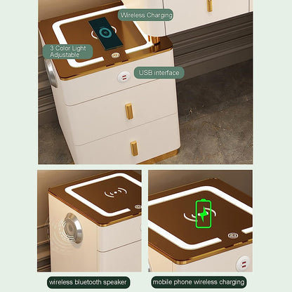 Distinctive Modern Advanced Solid Wood Dressing Table, attached with round smart mirror, Smart side table provided with wireless charging and speaker.