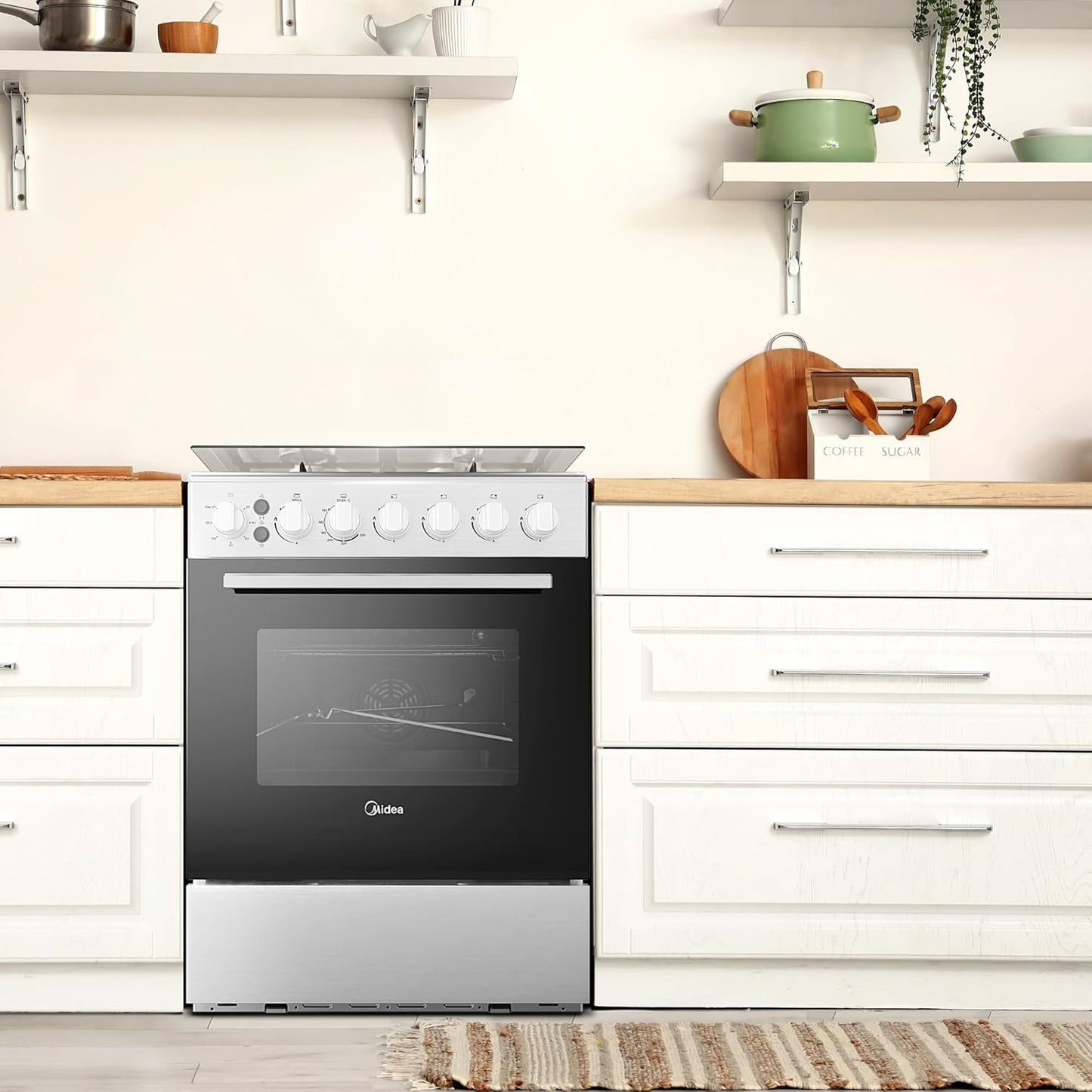 Midea 50x55Cm Freestanding Cooker, Full Gas Cooking Range With 4 Burners, Stainless Steel, Automatic Ignition & Full Safety, Cast Iron Pan Support, Mechanical Timer, Heat Resistant Knobs