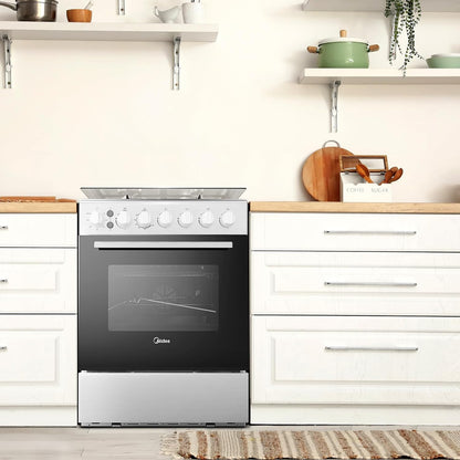Midea 50x55Cm Freestanding Cooker, Full Gas Cooking Range With 4 Burners, Stainless Steel, Automatic Ignition & Full Safety, Cast Iron Pan Support, Mechanical Timer, Heat Resistant Knobs