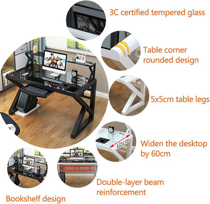 Computer Desk, Tempered Glass Tabletop, Gaming Desk with Shelf, for Home or Office.