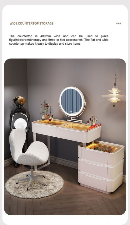 Sleek Modern Dressing Table with Chair and Retractable Mirror, Vanity Table Feature a Lighted Countertop.