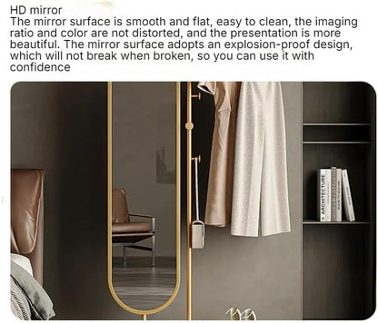 Multifunctional Gold Freestanding Hanger with Full-Length Mirror.