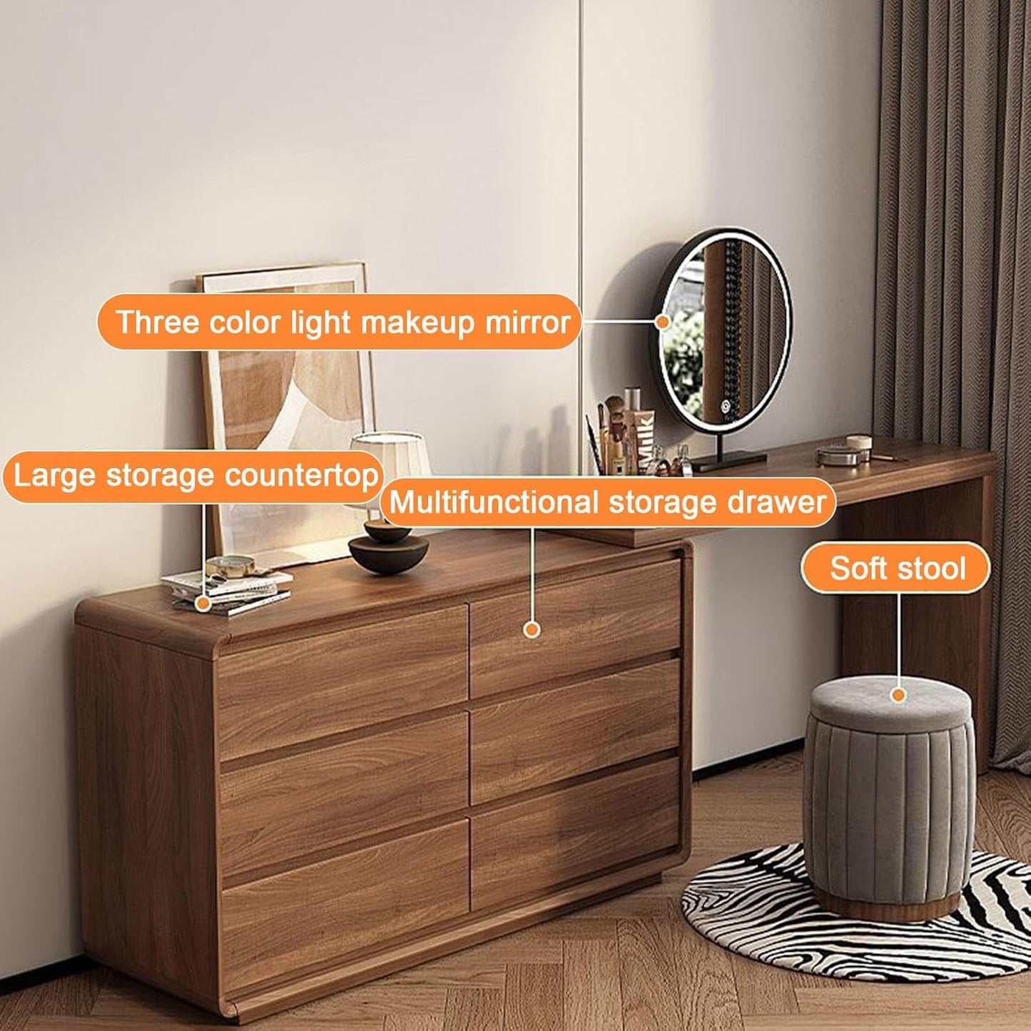 Contemporary Brown Wooden Dressing Table with Lighted Mirror and Stool.