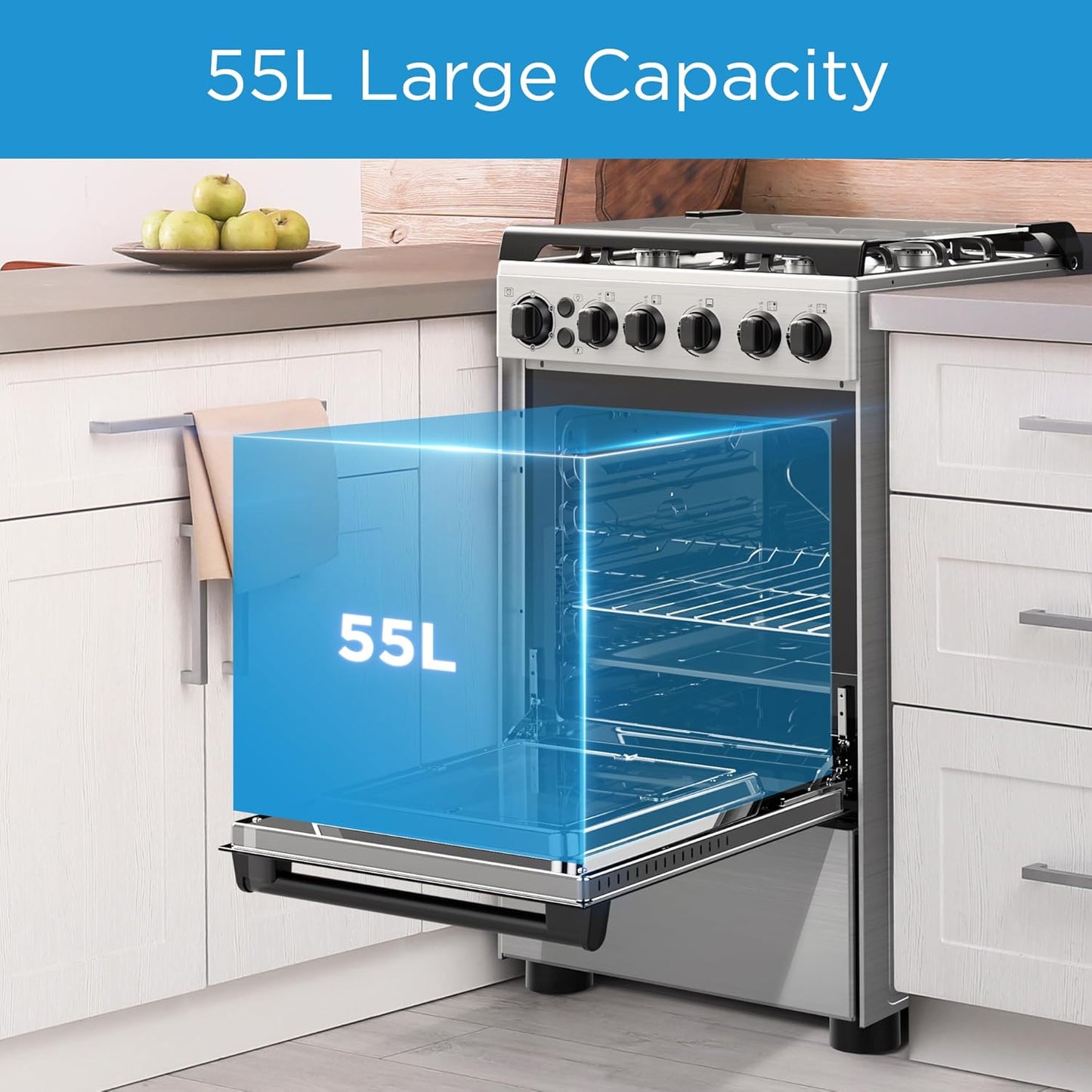 Midea 50x55Cm Freestanding Cooker, Full Gas Cooking Range With 4 Burners, Stainless Steel, Automatic Ignition & Full Safety, Cast Iron Pan Support, Mechanical Timer, Heat Resistant Knobs