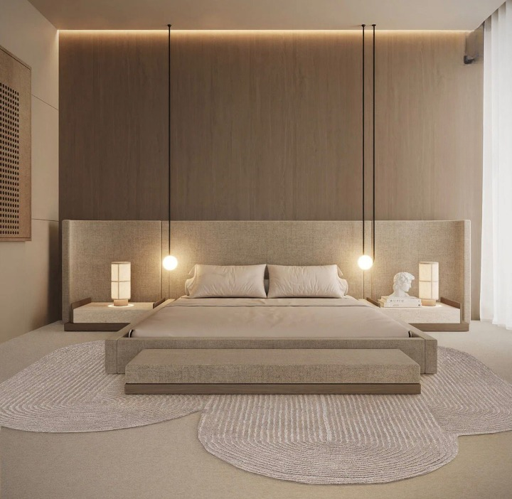 Bed with wide headboard