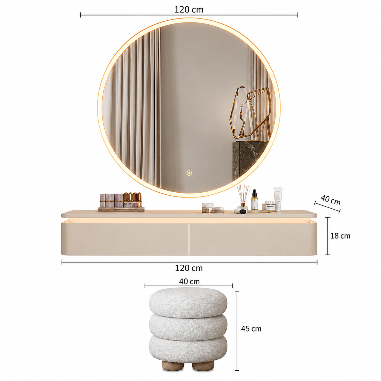 Modern Wall-Mounted Dressing Table Set with 120 cm Round LED Mirror, 2 Storage Drawers and Upholstered Stool.