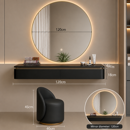 Modern Wall-Mounted Dressing Table Set with 120 cm Round LED Mirror, 2 Storage Drawers and Upholstered Stool.