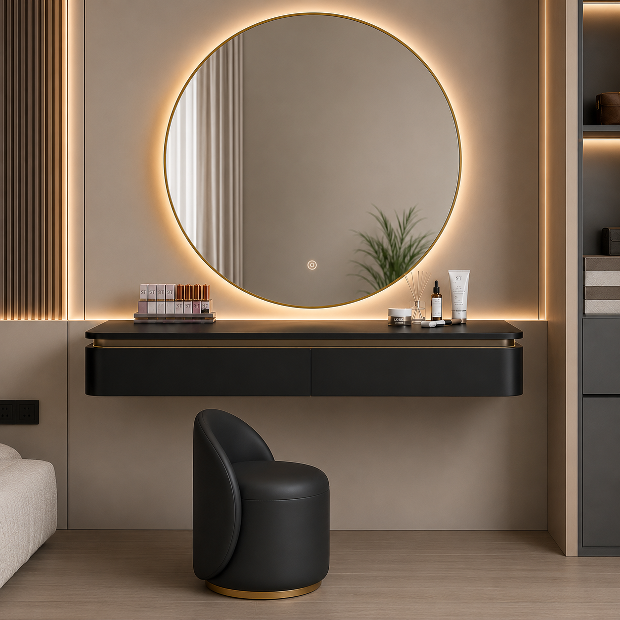 Modern Wall-Mounted Dressing Table Set with 120 cm Round LED Mirror, 2 Storage Drawers and Upholstered Stool.