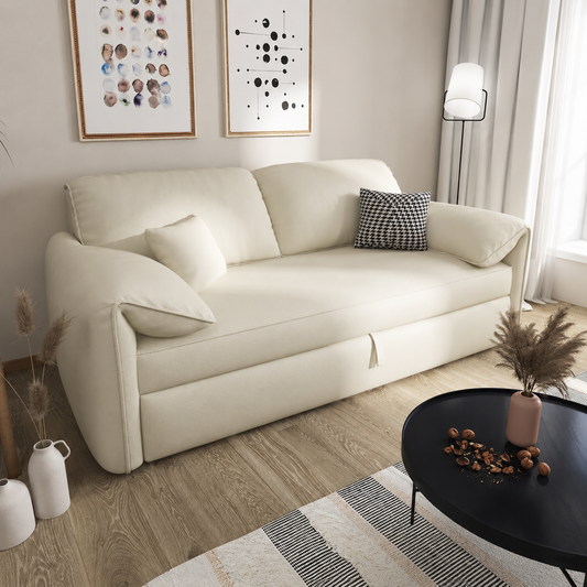 Modern Pull-Out Sofa Bed with Rounded Arms and Cushioned Backrest