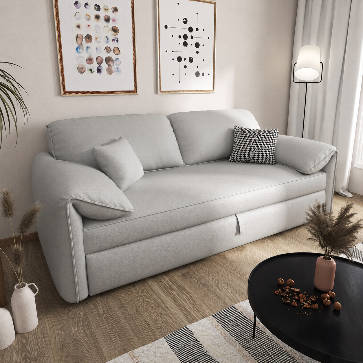 Modern Pull-Out Sofa Bed with Rounded Arms and Cushioned Backrest