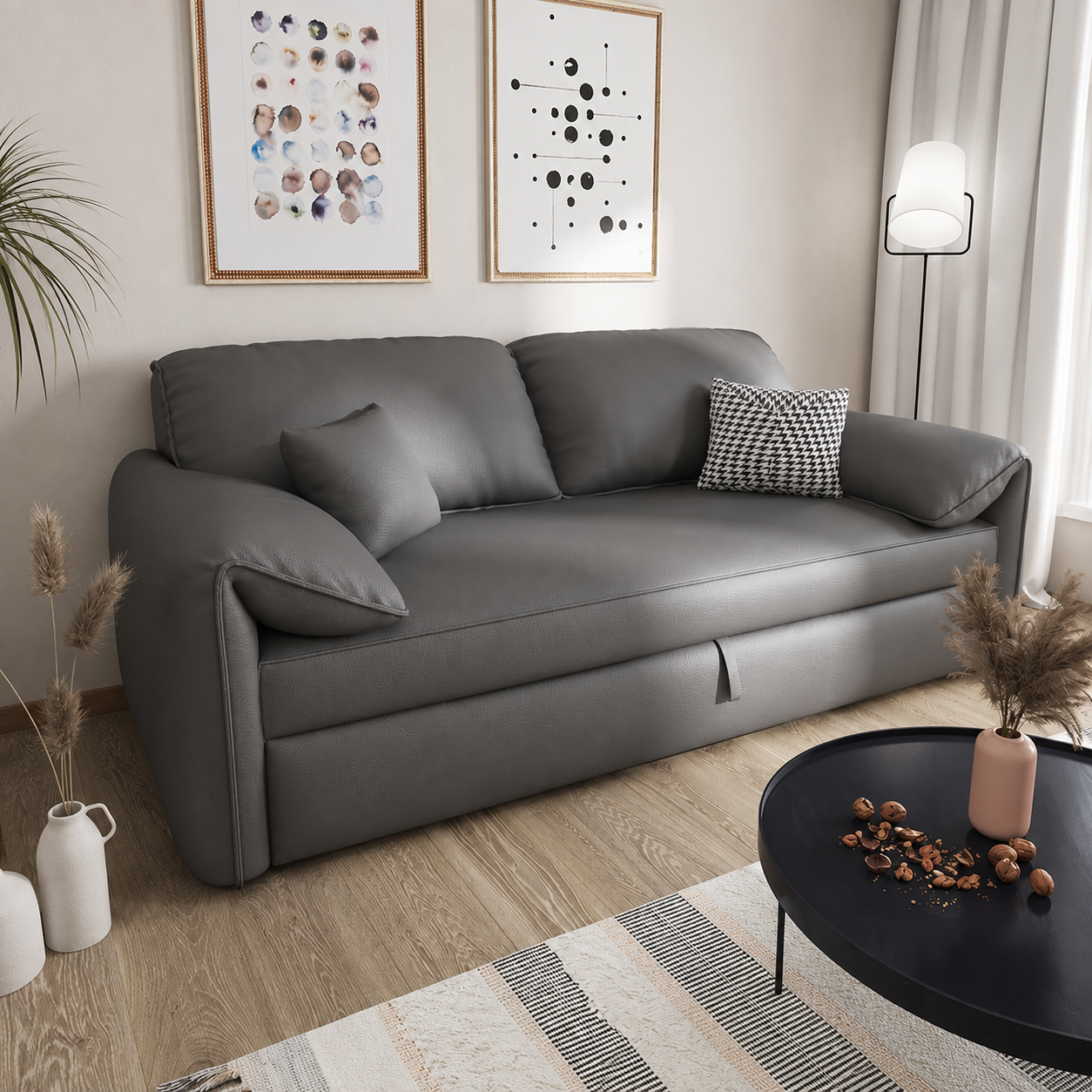 Modern Pull-Out Sofa Bed with Rounded Arms and Cushioned Backrest