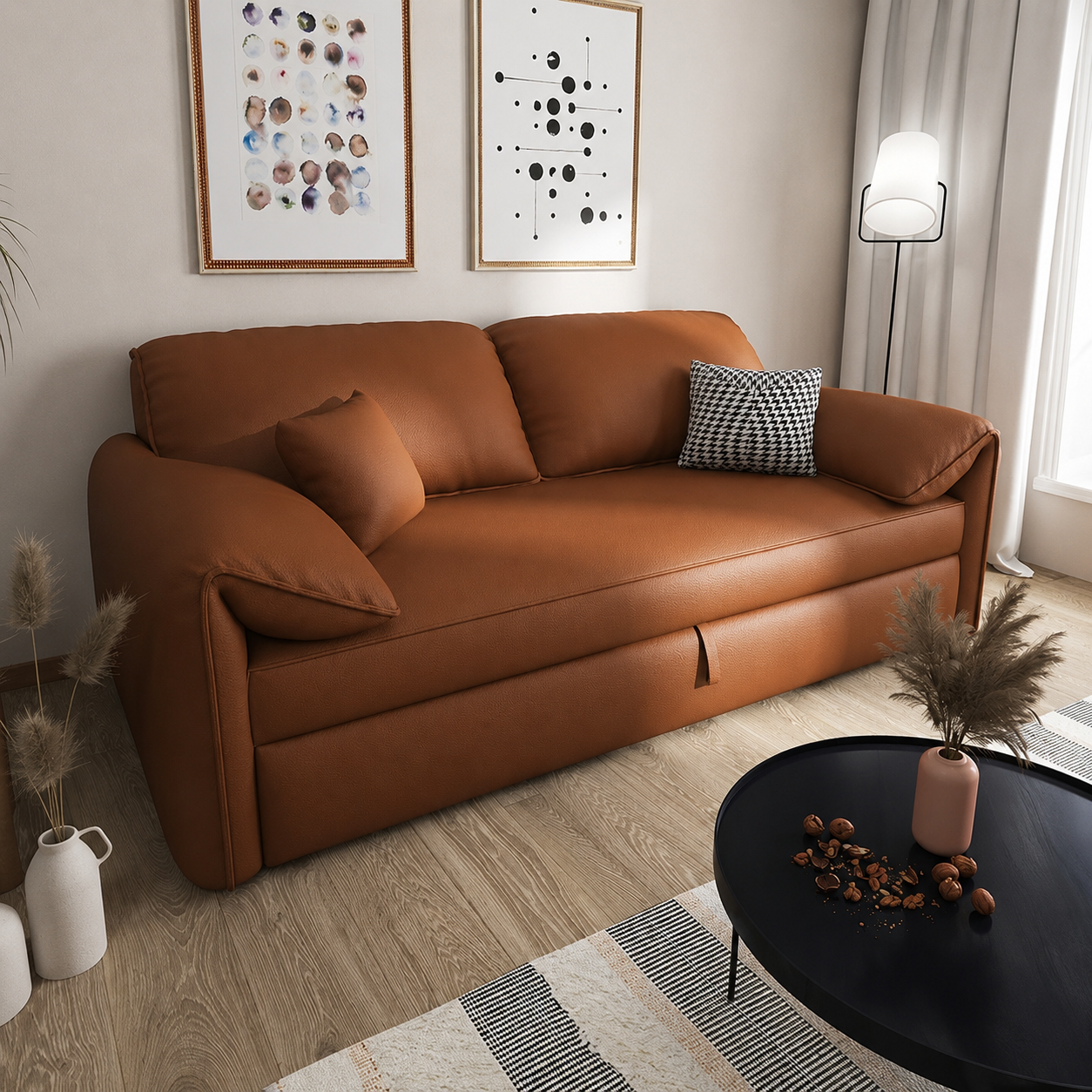 Modern Pull-Out Sofa Bed with Rounded Arms and Cushioned Backrest