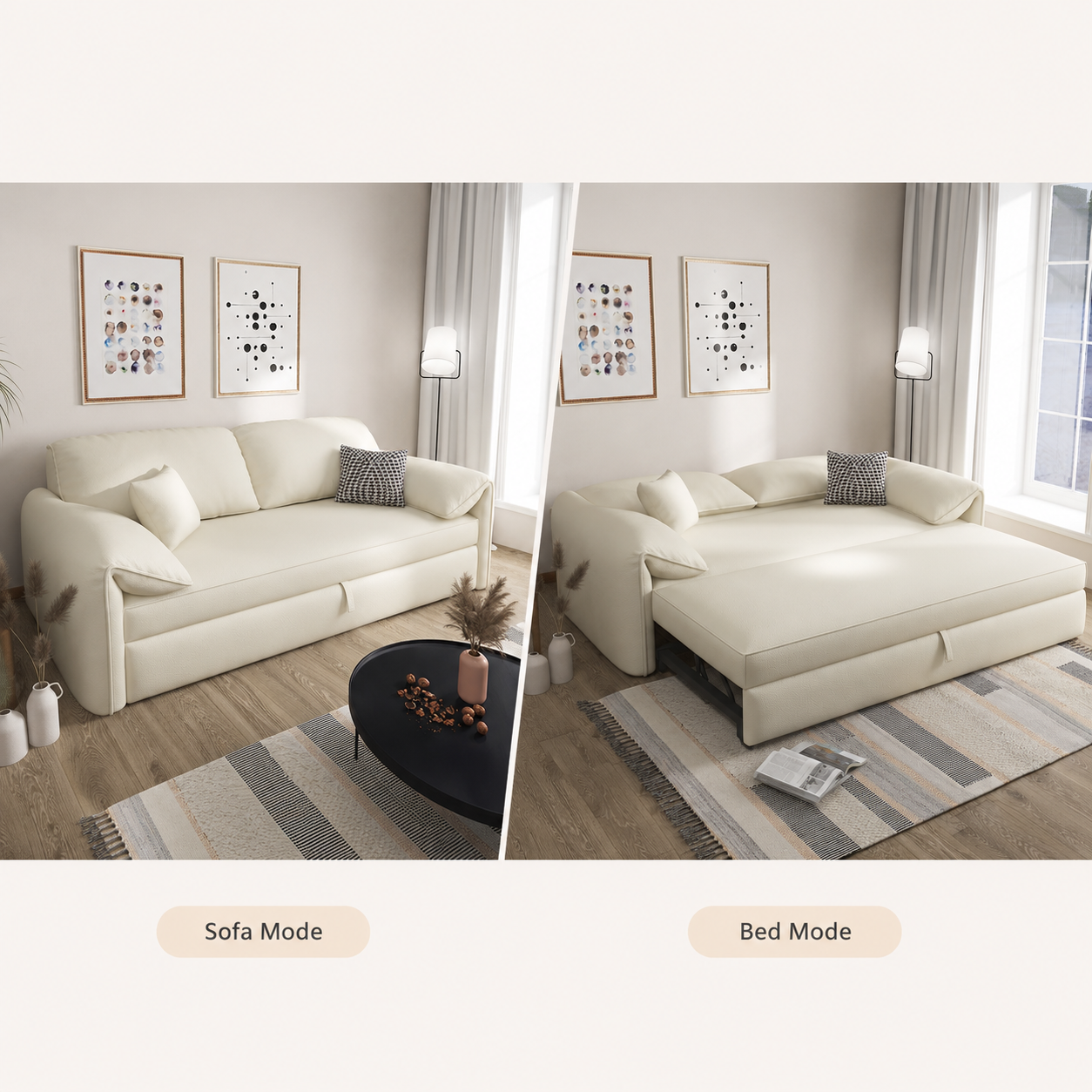 Modern Pull-Out Sofa Bed with Rounded Arms and Cushioned Backrest