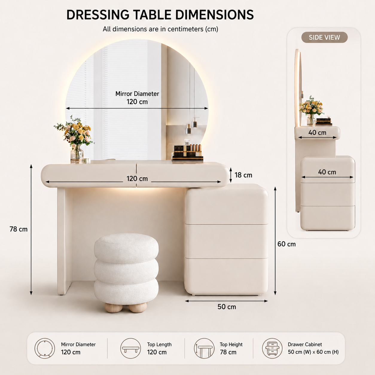 Modern LED Dressing Table Set with Round Mirror, Storage Drawers and Stool