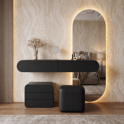 Modern Floating Vanity Table with LED Oval Mirror, Storage Drawer  and Stool- Luxury Wall Mounted Dressing Desk