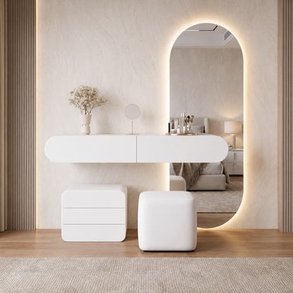 Modern Floating Vanity Table with LED Oval Mirror, Storage Drawer  and Stool- Luxury Wall Mounted Dressing Desk