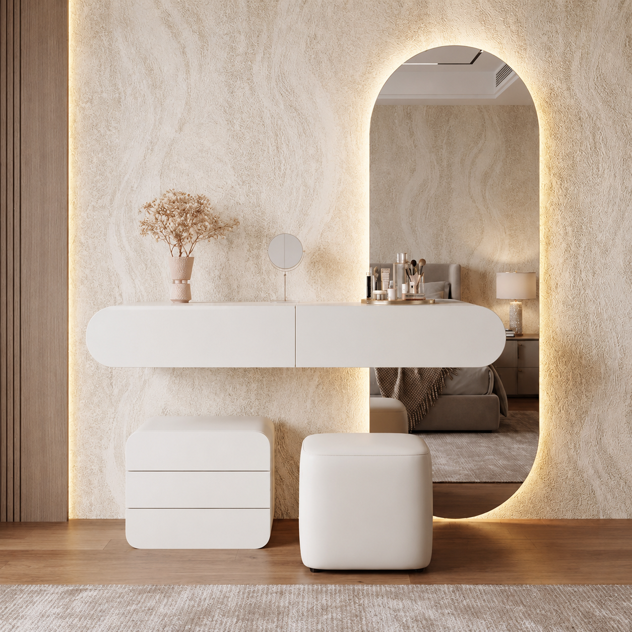 Modern Floating Vanity Table with LED Oval Mirror, Storage Drawer  and Stool- Luxury Wall Mounted Dressing Desk